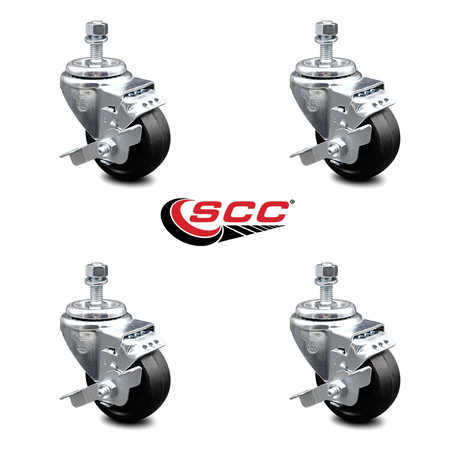 Service Caster 3 Inch Soft Rubber Wheel Swivel 10mm Threaded Stem Caster Set with Brake SCC SCC-TS20S314-SRS-TLB-M1015-4